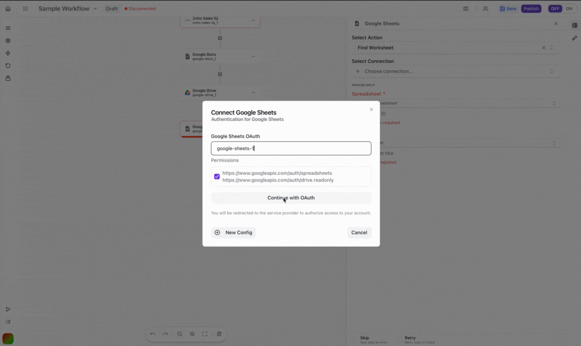 Wakflo-signin-google-sheets